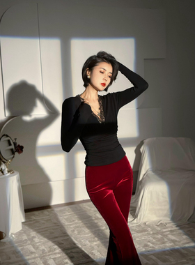 XULU原创气质打底衫黑色百搭修身花边V领长袖上衣