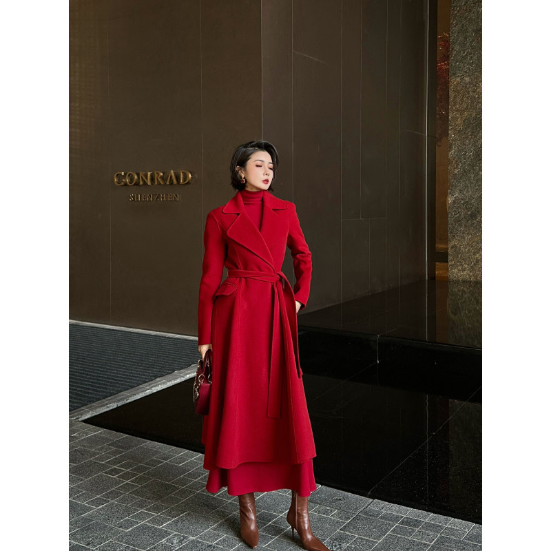 XULU原创赫本风手工双面毛呢100%羊毛大衣时尚气质红色中长款外套,女装/女士精品,毛呢外套,淘宝优惠券,粉丝福利购,淘宝优惠卷