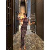 连衣裙 包肩袖 XULU原创夏季 氨纶网印花复古民国风旗袍气质性感修身