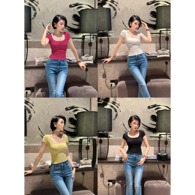 XULU原创夏季天丝亲肤方领正肩显瘦T恤凉感百搭显瘦纯色短袖上衣