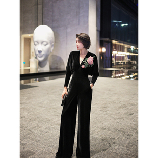 高腰连体裤 XULU原创纯色丝绒深V性感纯手工订珠法式 高级感长袖