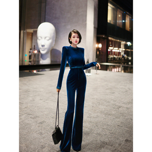 圆领连体裤 直角肩中长袖 显瘦时尚 XULU原创气质纯色丝绒亮片修身