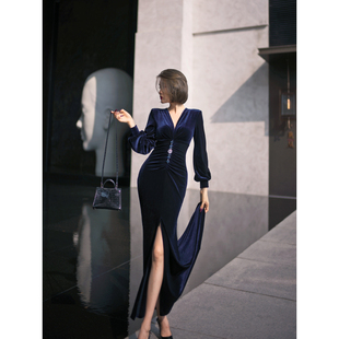 XULU原创气质复古丝绒优雅显瘦修身包臀鱼尾裙灯笼袖V领连衣裙