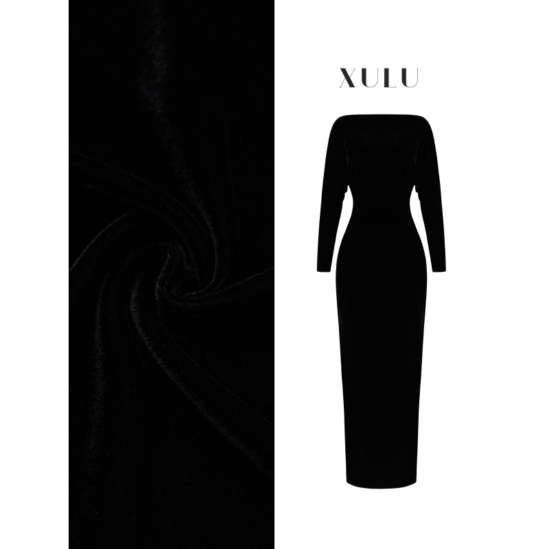 XULU原创秋冬轻奢黑色丝绒包臀裙优雅修身高腰一字领羊腿袖连衣裙