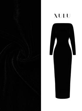XULU原创秋冬轻奢黑色丝绒包臀裙优雅修身高腰一字领羊腿袖连衣裙
