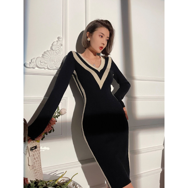 XULU原创双色针织撞色条纹时尚气质修身显身材包臀长袖V领连衣裙,女装/女士精品,连衣裙,淘宝优惠券,粉丝福利购,淘宝优惠卷