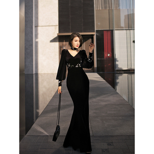 XULU原创秋冬丝绒拼接亮片鱼尾裙气质复古修身 灯笼绣V领连衣裙