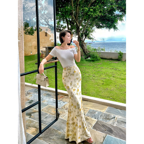 XULU原创夏季冰丝高弹网浪漫黄玫瑰印花鱼尾裙气质修身包臀半身裙