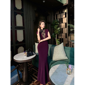 半高领无袖 XULU原创夏季 紫色醋酸烫钻复古蕾丝拼接修身 气质连衣裙