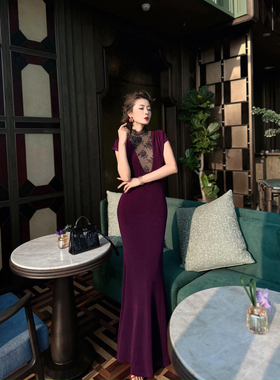 XULU原创夏季紫色醋酸烫钻复古蕾丝拼接修身半高领无袖气质连衣裙