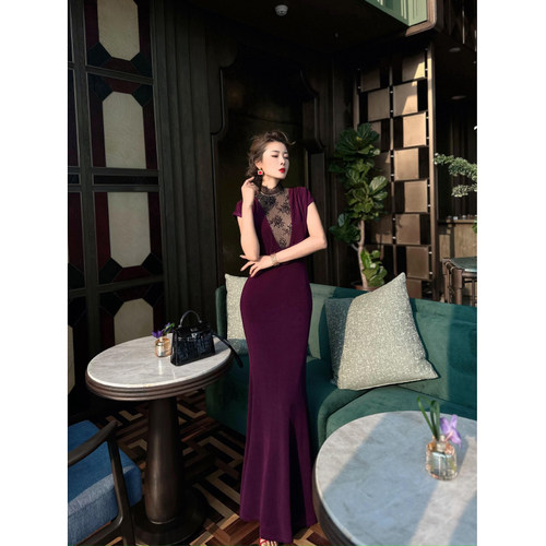 XULU原创夏季紫色醋酸烫钻复古蕾丝拼接修身半高领无袖气质连衣裙