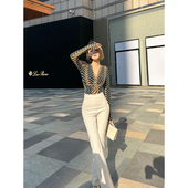 XULU原创弹力针织几何印花复古气质显身材直角肩长袖 V领打底上衣