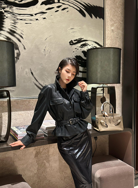 XULU原创新款酷飒风黑色收腰皮衣外套女时尚翻领短款机车皮夹克