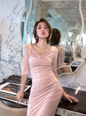 XULU原创设计粉红色弹力显瘦连衣裙流行新款性感修身气质包臀裙