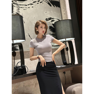 显瘦短袖 XULU原创夏季 简约气质修身 气棉时尚 圆领百搭上衣女 纯色元