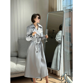 大衣英伦风修身 浅灰斜纹系带收腰长款 女风衣外套 新款 XULU原创春季