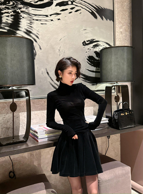 XULU原创秋冬黑色丝绒时尚百搭A字半身裙性感气质高腰修身短裙