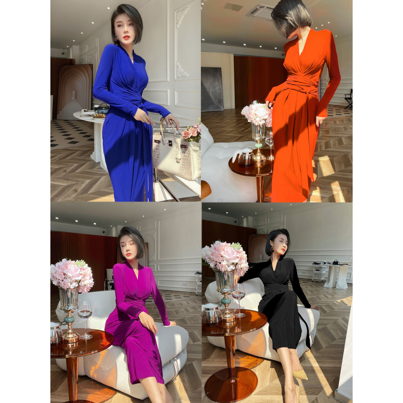 XULU原创简约纯色欧洲高定颗粒麻纱褶皱绑带气质修身V领连衣裙