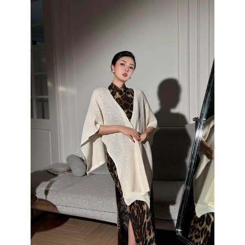 XULU原创春夏款针织披风纯色百搭休闲文艺优雅镂空开衫外搭披肩