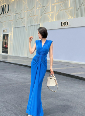XULU原创水晶麻性感蓝色复古优雅名媛深V领褶皱气质无袖连衣裙