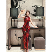 连衣裙 改良旗袍复古削肩修身 XULU原创夏季 红色烫金烧花丝绒新中式