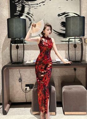 XULU原创夏季红色烫金烧花丝绒新中式改良旗袍复古削肩修身连衣裙