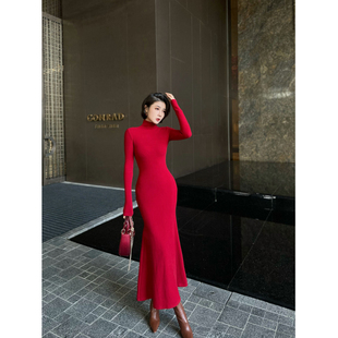 连衣裙 修身 XULU原创新款 优可丝纯色加绒显瘦包臀裙百搭半高领长袖