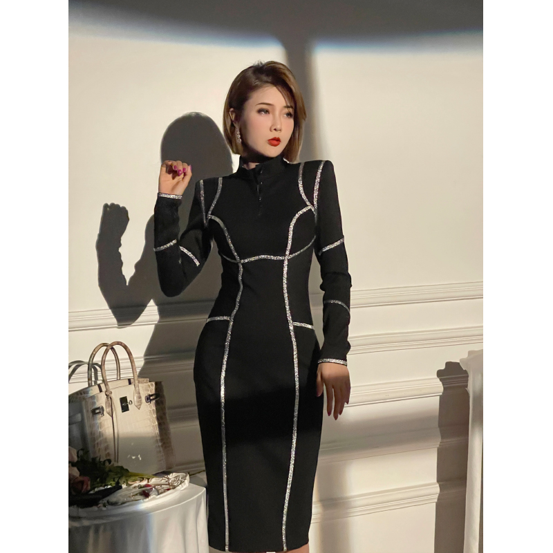 XULU原创轻奢进口意大利罗马纹针织包臀气质名媛长袖立领连衣裙