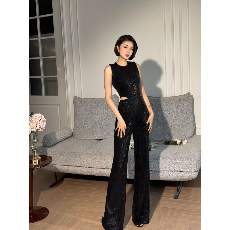 XULU原创夏季针织亮片黑色高阶气质通勤圆领无袖镂空高腰连体裤,女装/女士精品,连体衣/裤,淘宝优惠券,粉丝福利购,淘宝优惠卷