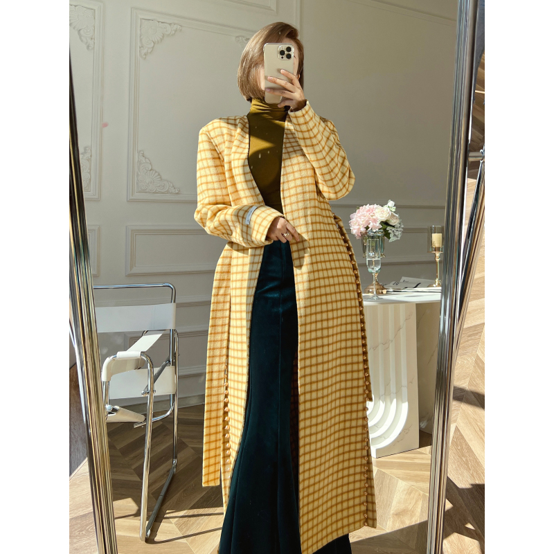 XULU原创秋冬简约百搭纯色格纹大衣轻奢气质保暖修身绵羊毛外套