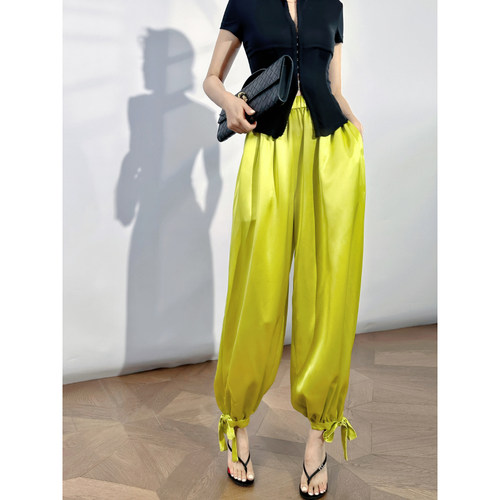 XULU原创进口醋酸缎面空调裤新款松弛高腰休闲宽松显瘦束脚长裤