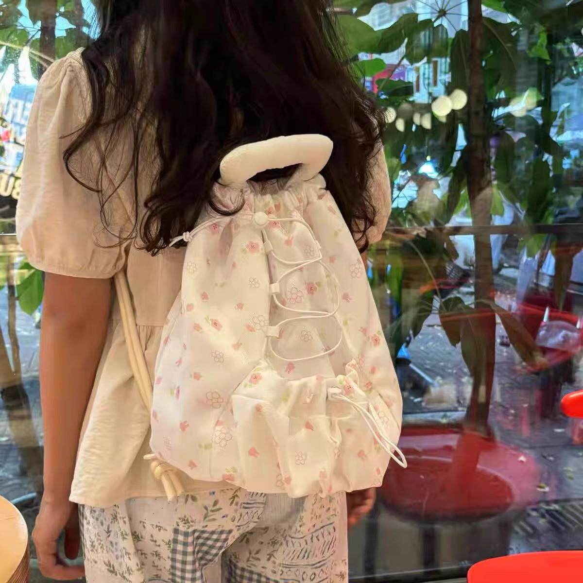 【香港秀才】碎花抽绳可爱双肩包包少女心学生上课通勤大容量背包