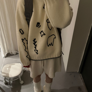 Hand made-2026秋冬新款半高领宽松日系宽松刺绣套头保暖毛衣