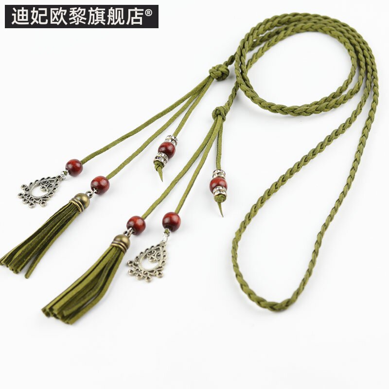 仿古镂空磨砂皮编织细女士细腰绳水钻吊坠配仿古木珠裙子腰带包邮