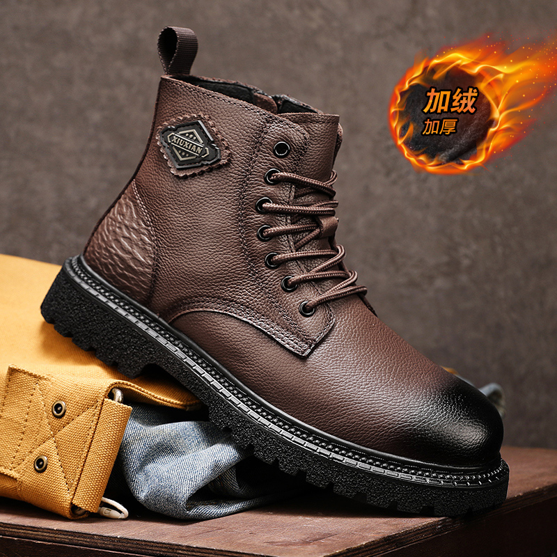 袋鼠马丁靴男真皮加绒保暖工装靴
