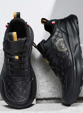 袋鼠4E宽头男鞋黑色皮面防水脚胖运动鞋45男士46软底48特大码潮鞋
