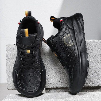 袋鼠4E宽头男鞋黑色皮面防水脚胖运动鞋45男士46软底48特大码潮鞋