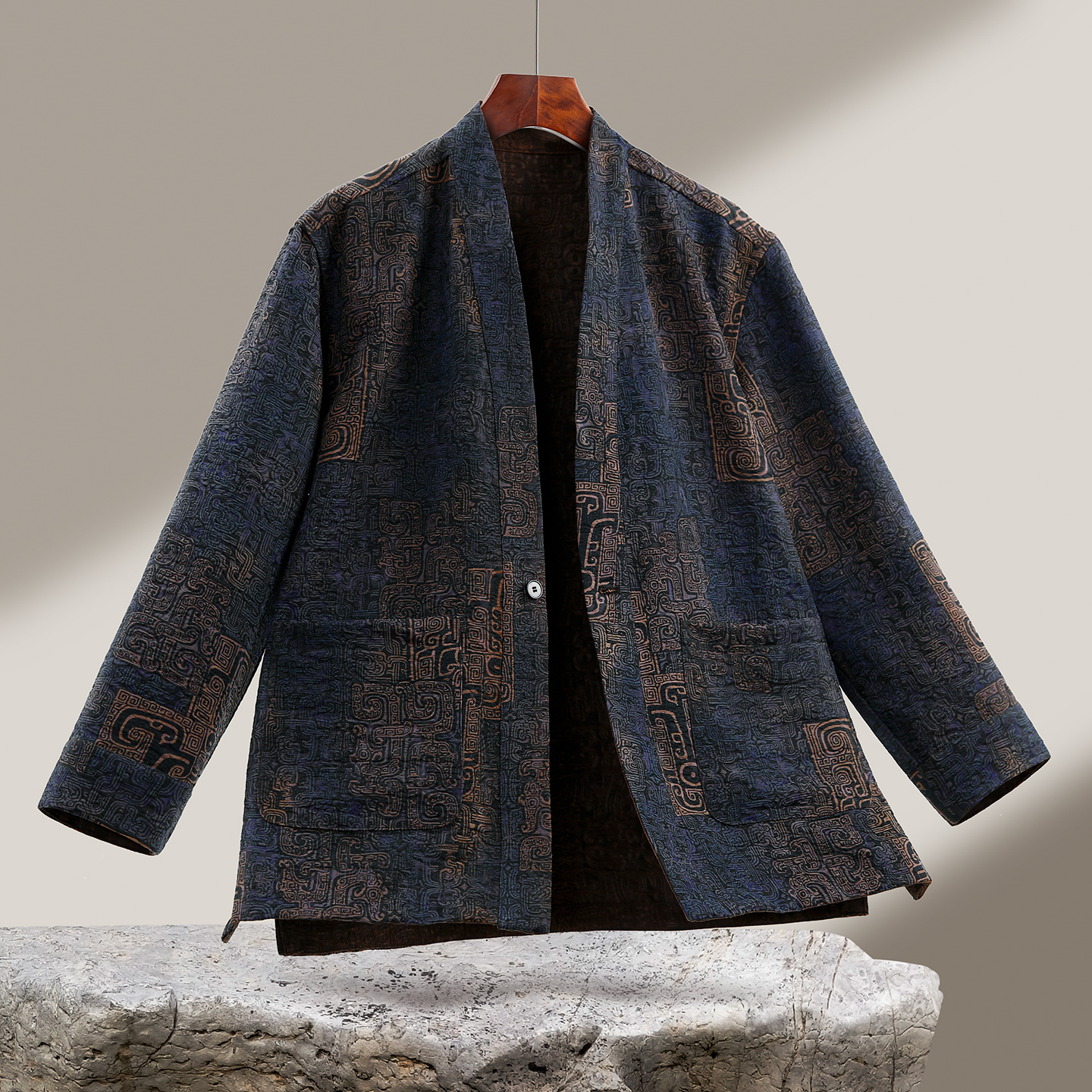 双面穿锦油绸香云纱新中式汉服领男士外套饕餮纹秋季道袍休闲夹克