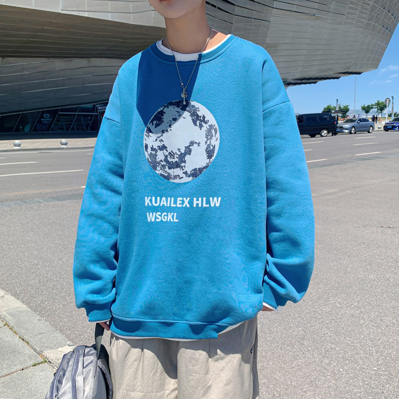 Y003P45港风外景月球套头印花卫衣假两件宽松休闲卫衣,男装卫衣,电商A050