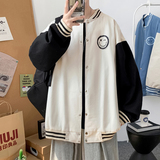 J905P53室内港风笑脸印花港风棒球领棒球服情侣拼接撞色夹克，男装夹克，电商A050