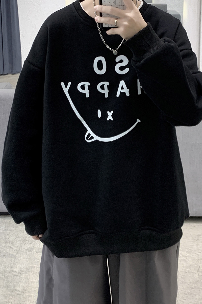 Y102P32基地港风笑脸印花圆领套头卫衣百搭学生情侣装加大码,男装卫衣,电商A050