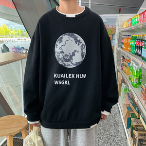 Y003 P45 港风外景 月球印花假两件卫衣宽松休闲学生情侣港风青年图片