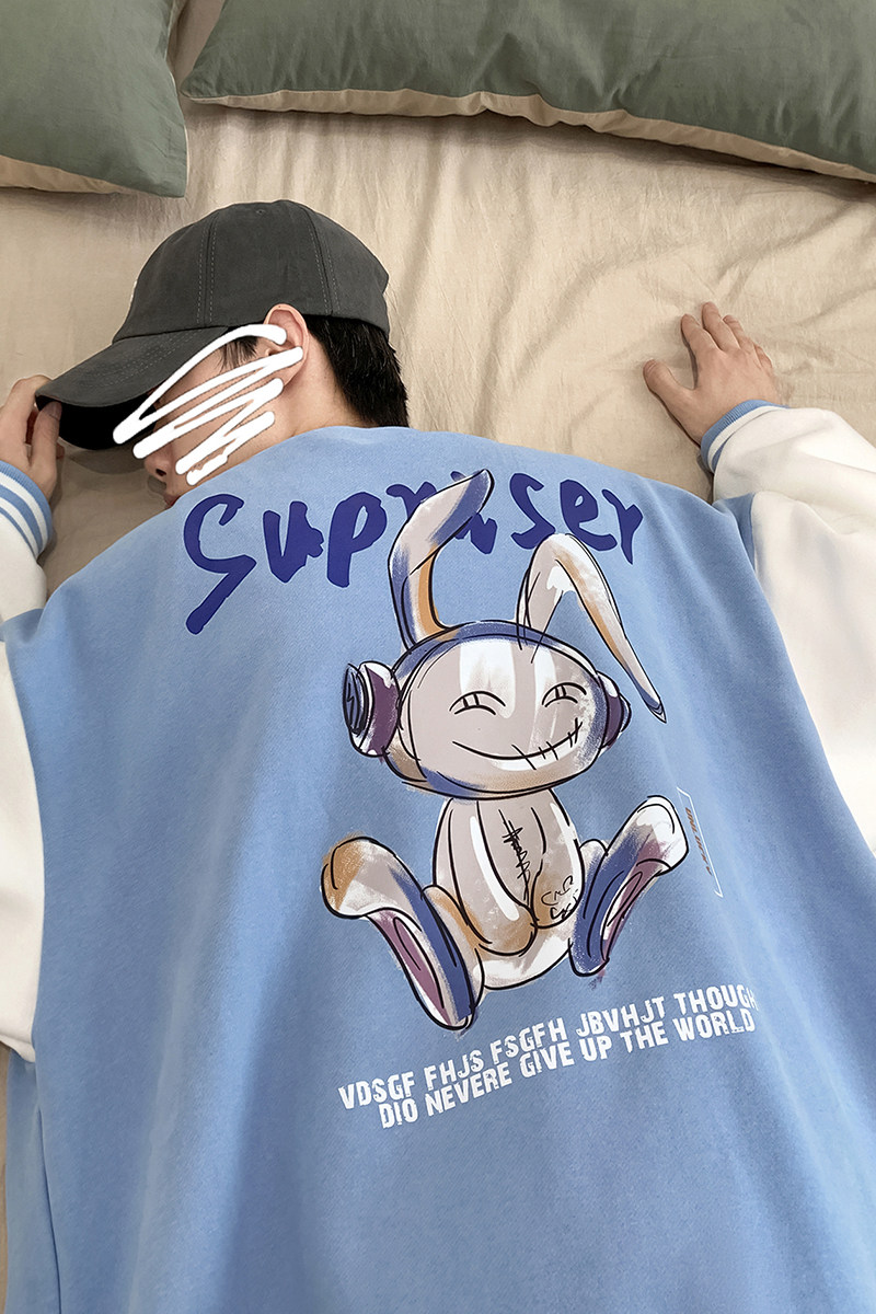 Y8889P55室内港风拼色开衫卫衣棒球领棒球服情侣兔子印花港风,男装卫衣,电商A050