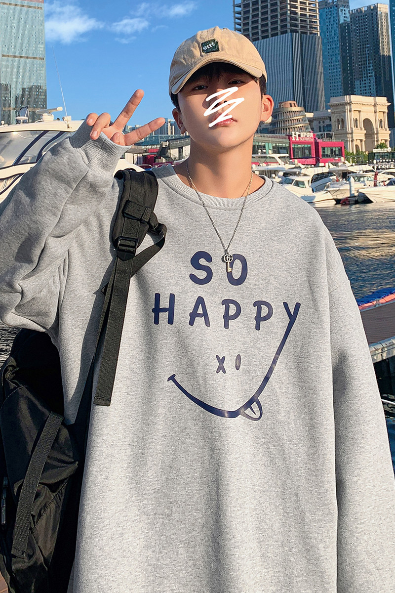 Y102P32港风外景情侣宽松休闲卫衣圆领套头卫衣笑脸印花卫衣,男装卫衣,电商A050
