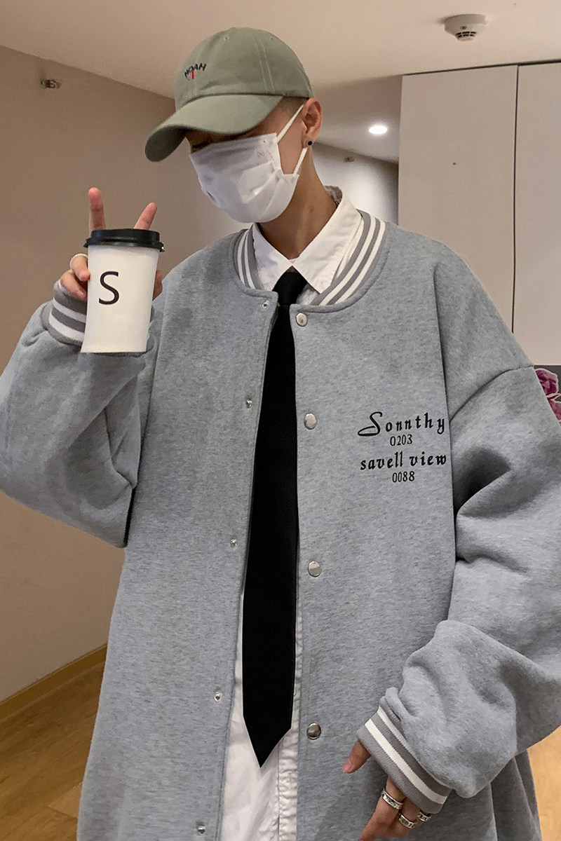 Y8885P55港风外景棒球领棒球服情侣港风休闲开衫卫衣字母印花,男装卫衣,电商A050