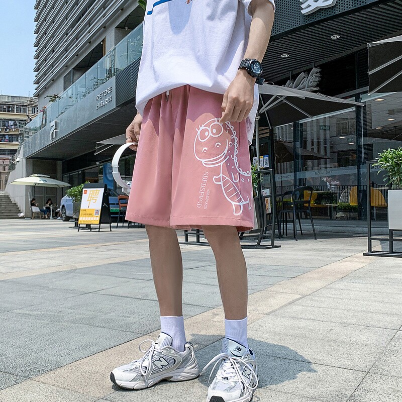 K202P25外景加大码宽松休闲百搭港风恐龙印花青年沙滩裤五分裤,男装休闲裤,电商A050