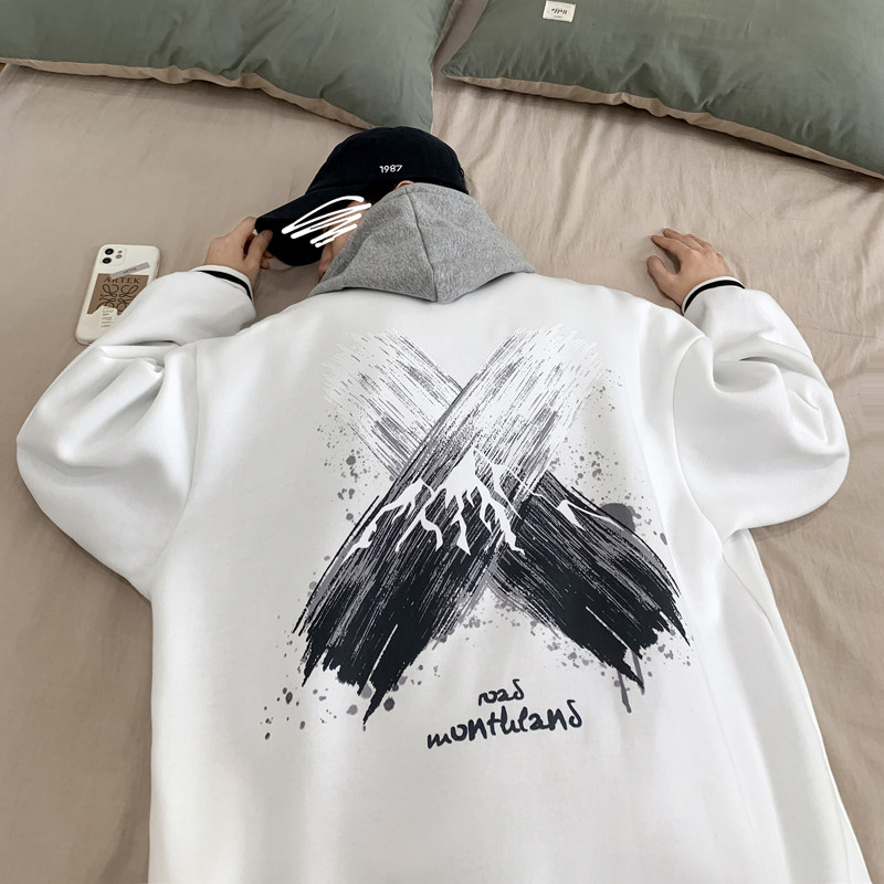 Y8888 P55 室内港风 棒球领棒球服港风情侣叉叉雪山印花开衫卫衣图片