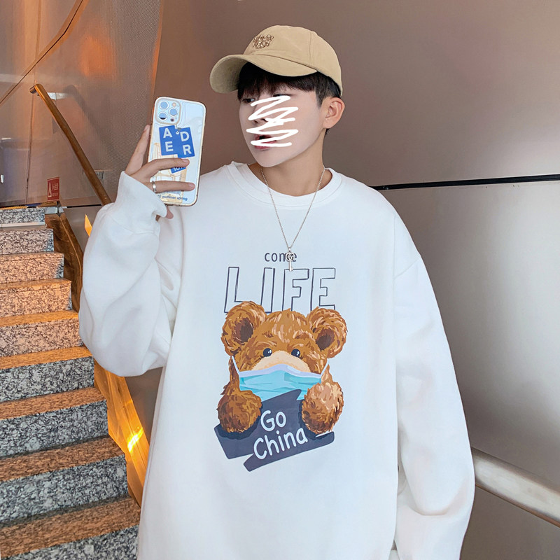 Y103P32港风外景小熊印花卫衣情侣圆领套头卫衣,男装卫衣,电商A050
