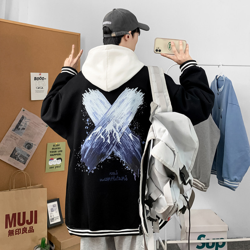 Y8888P55室内港风休闲棒球领情侣棒球服雪山印花开衫卫衣港风,男装卫衣,电商A050