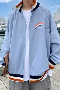 J908 P45 港风外景 宽松休闲彩虹印花港风情侣夹克撞色立领外套潮图片